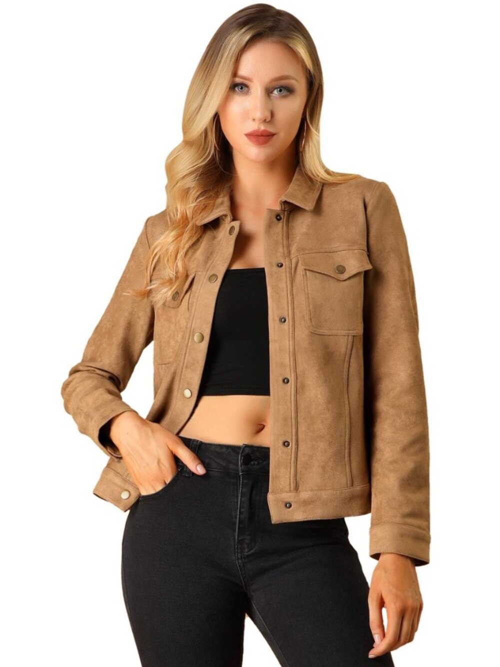 Women's Faux Suede Jacket Turn-Down Collar Long Sleeve Shacket